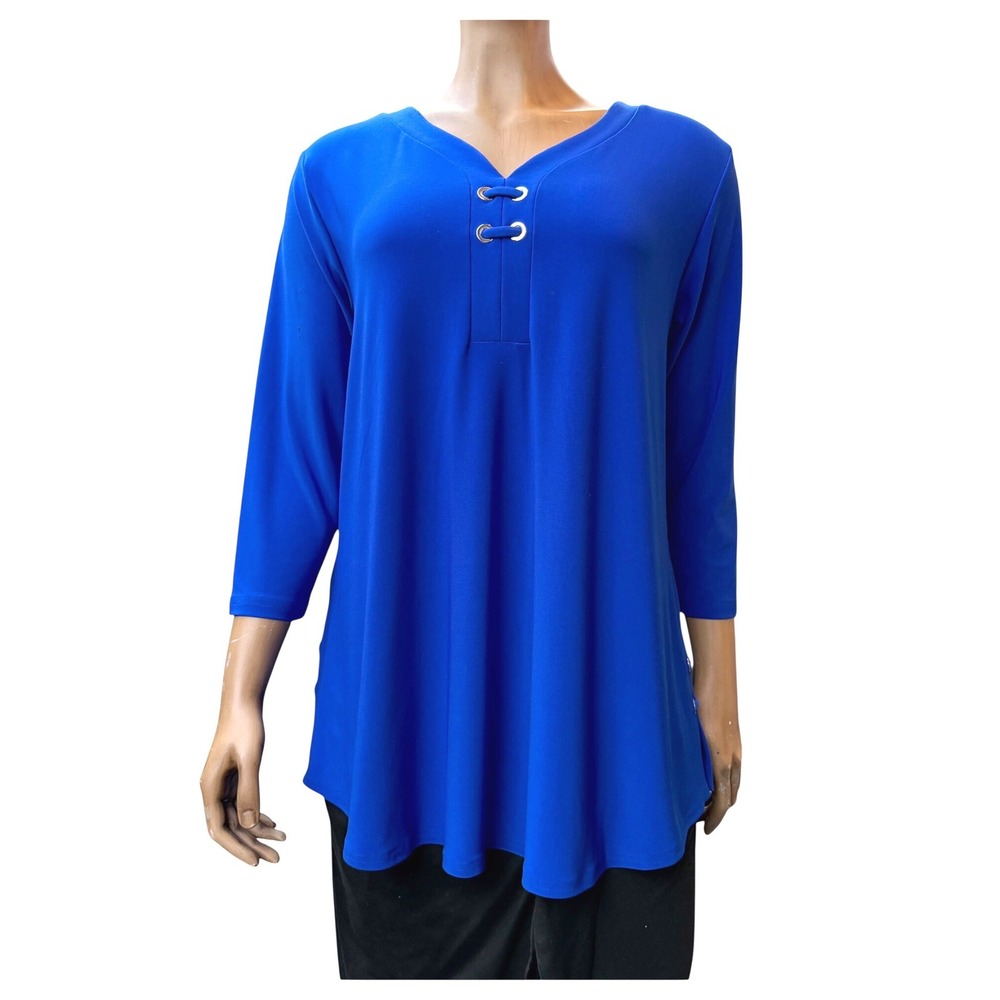 Sympli Tunic Top Royal Blue Vneck Grommet Matte Jersey Resortwear Quiet Luxury L
